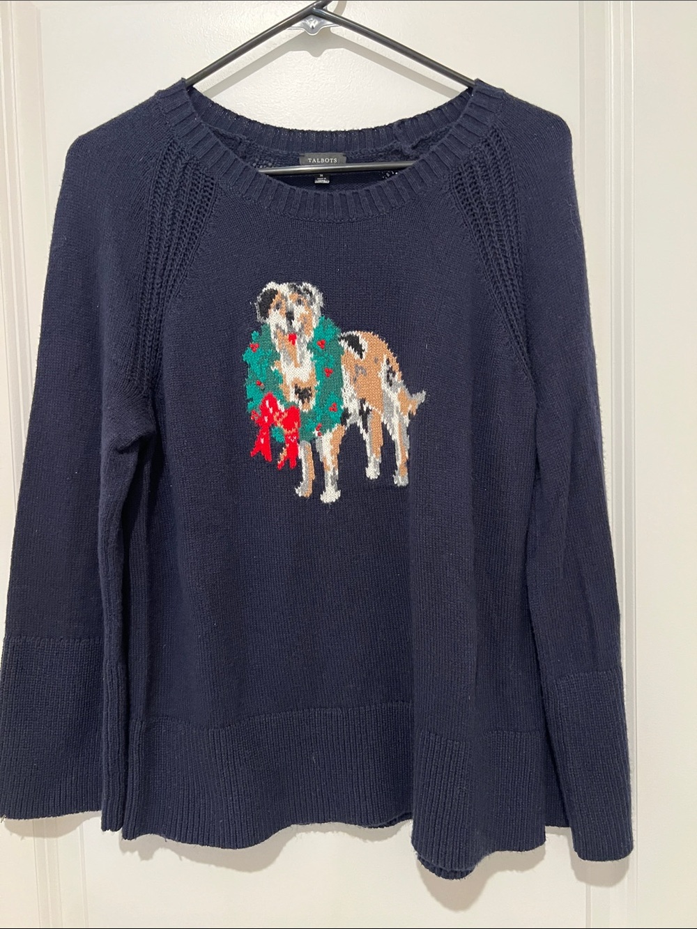 Talbots Navy Crewneck Sweater with Festive Dog Wreath